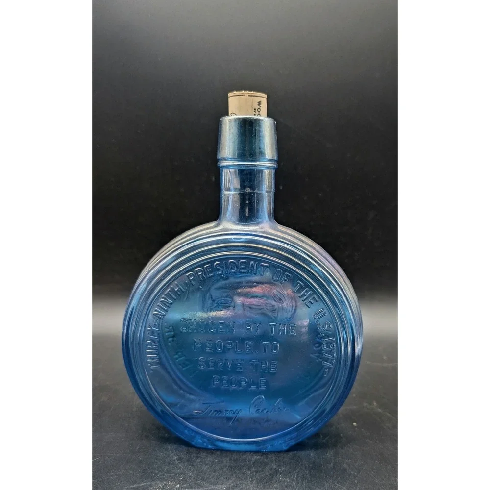 Vintage Wheaton Village Jimmy Carter Iridescent Blue Carnival Glass Flask 1977